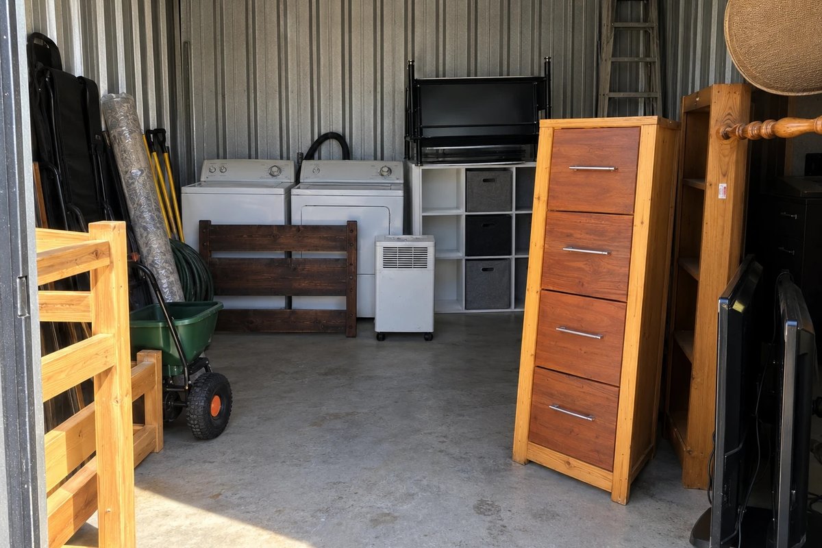 Storage unit with metal walls holding a washer and dryer, a wooden headboard, a cube shelf and a tall pine chest of drawers
