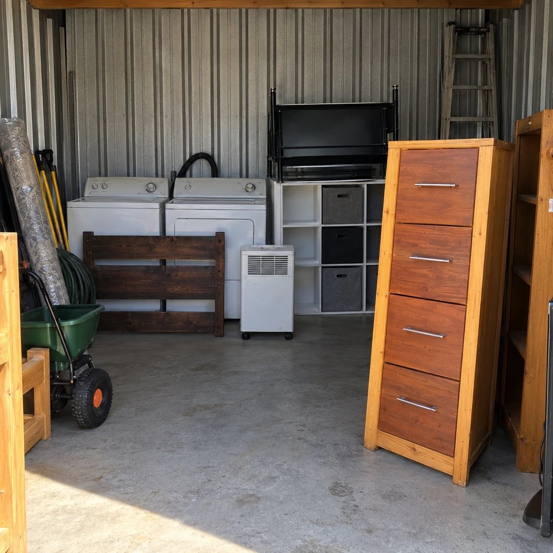 Storage unit holding a pine chest of drawers, a pine bookshelf, a bed headboard, a black bed frame and a cube shelf